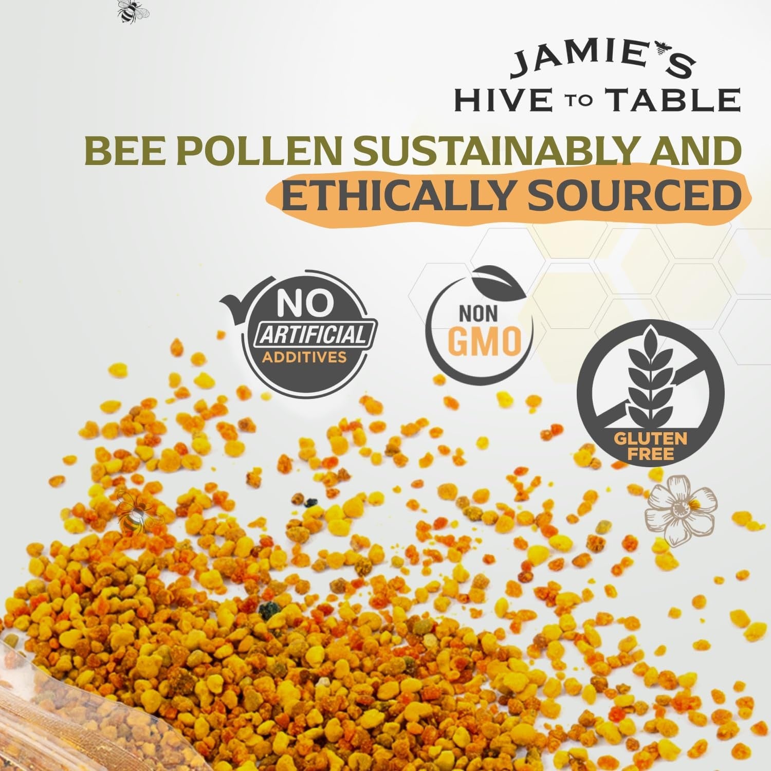 Jar of Jamie's Hive to Table Raw Bee Pollen, 10 oz, showing golden bee pollen granules in a clear container.
