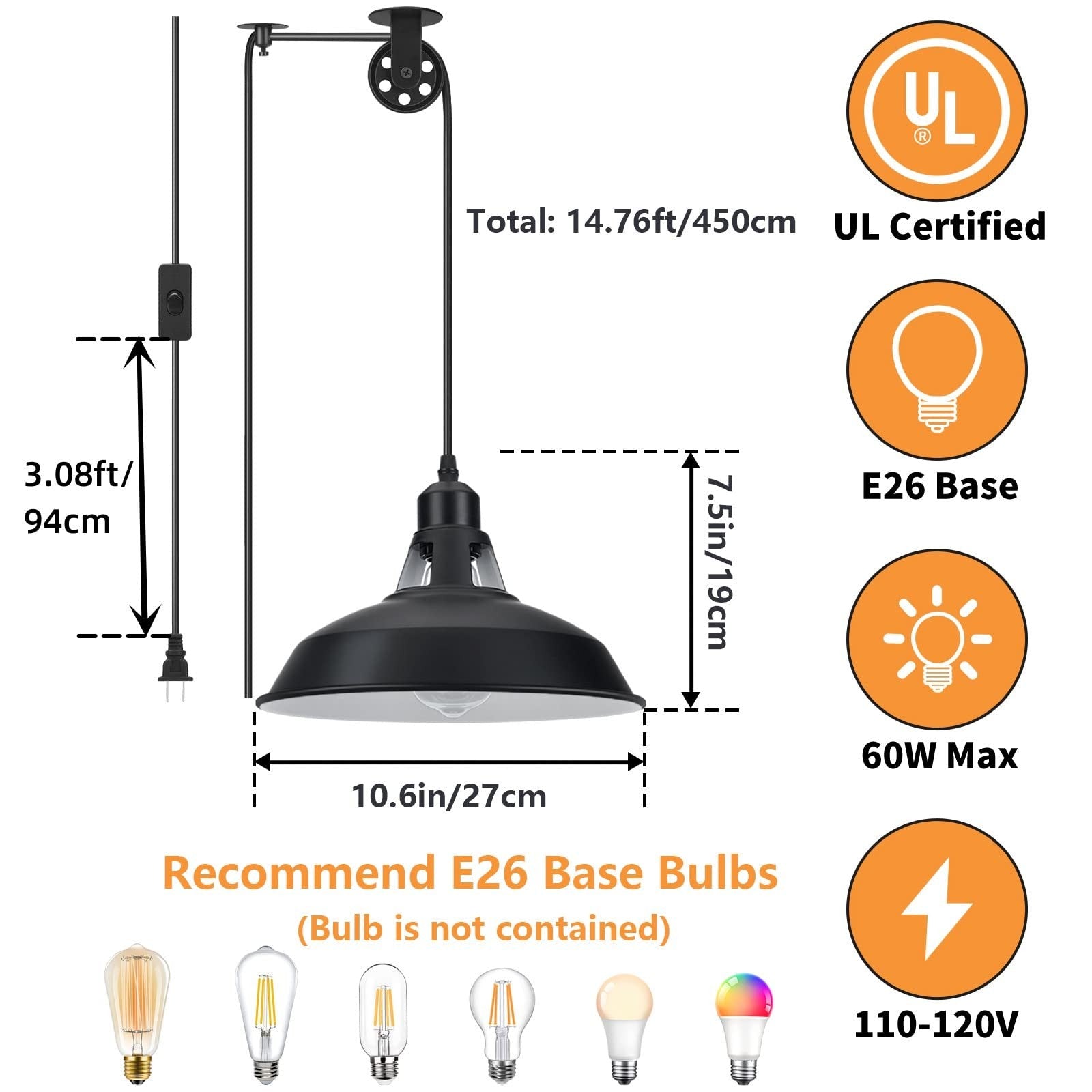 Lomoky plug-in pulley pendant light with on/off switch, industrial style, includes 14.76ft cord and modern design.