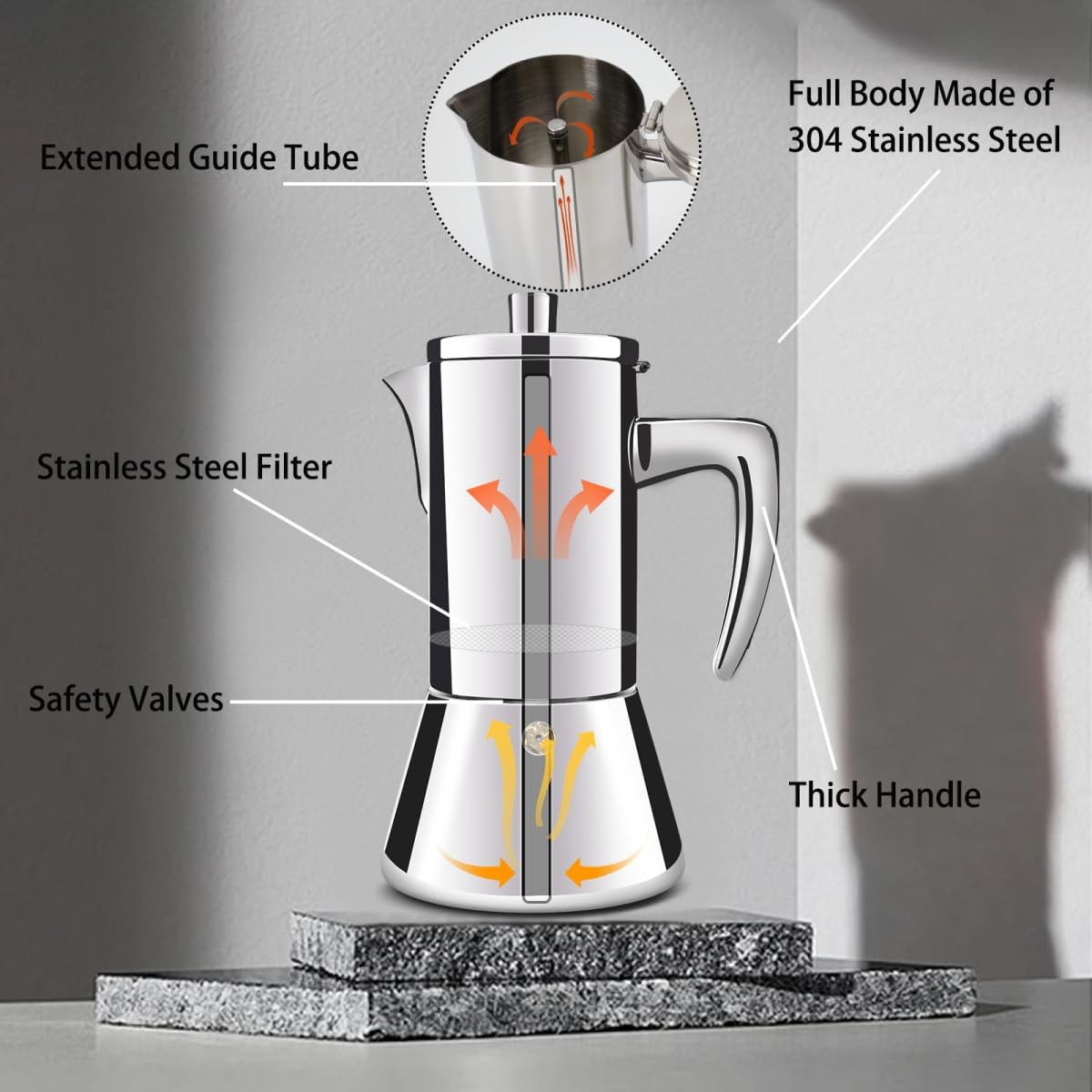 DITOSH 12-cup stainless steel Moka pot stovetop espresso maker with a polished finish and ergonomic handle.