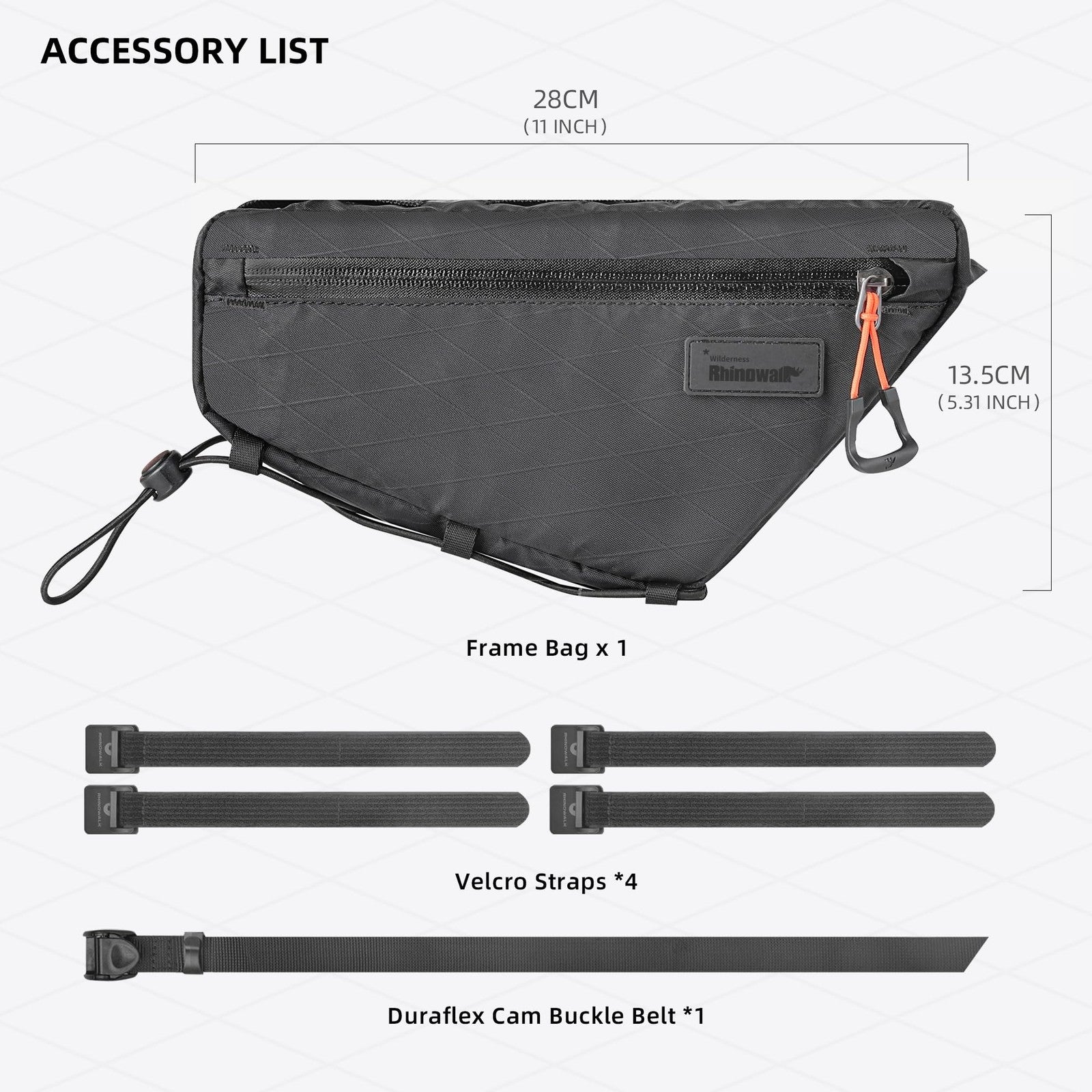 Rhinowalk waterproof bicycle frame bag mounted on a mountain bike frame, showing the compact 1.7L nylon cycling accessory.