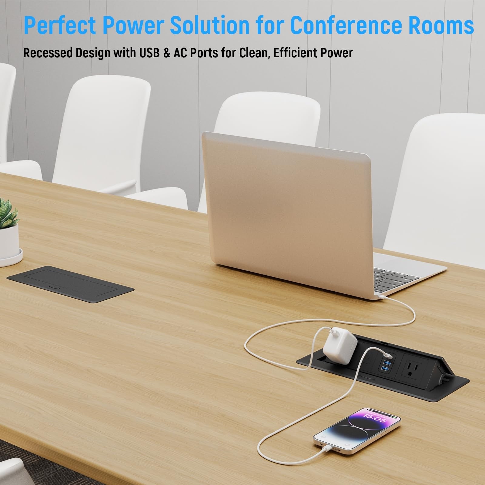 Sussex recessed power strip with pop-up design, featuring 2 AC outlets, 2 USB-A, and USB-C ports for convenient charging.