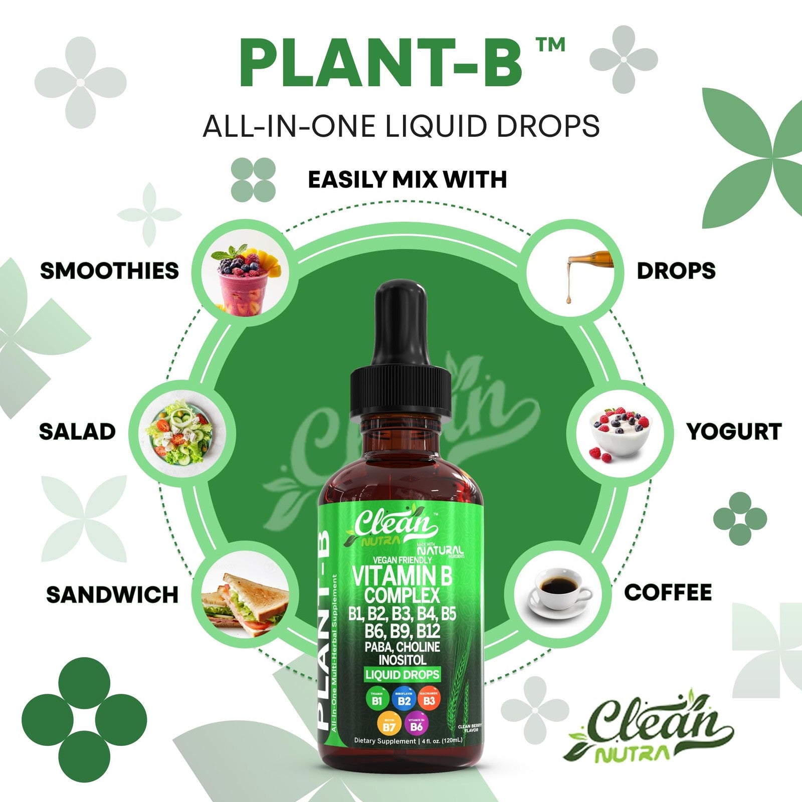 Clean Nutraceuticals Vitamin B Complex Liquid Drops with Thiamine B1, B6, B2, B3, B5, B7, B9, B12, in a dropper bottle.