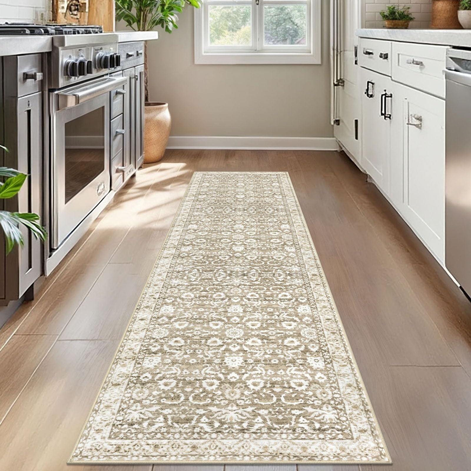 Lansny vintage floral 2x7 beige and tan washable kitchen runner rug with non-slip backing, featuring white floral pattern.