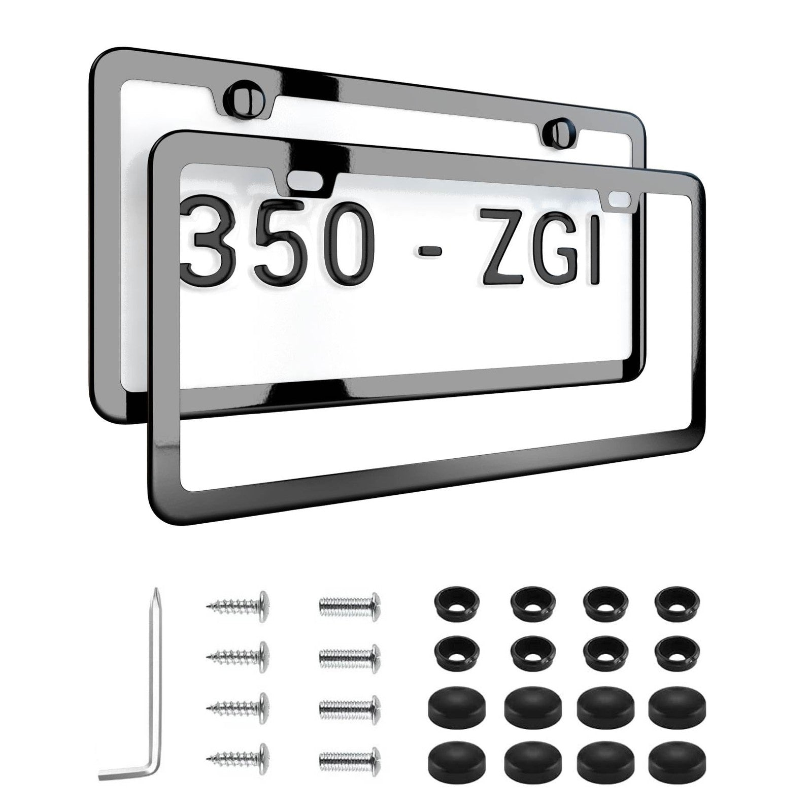 Deselen Black License Plate Frame in titanium and gunmetal stainless steel with sleek, modern design for vehicle customization.