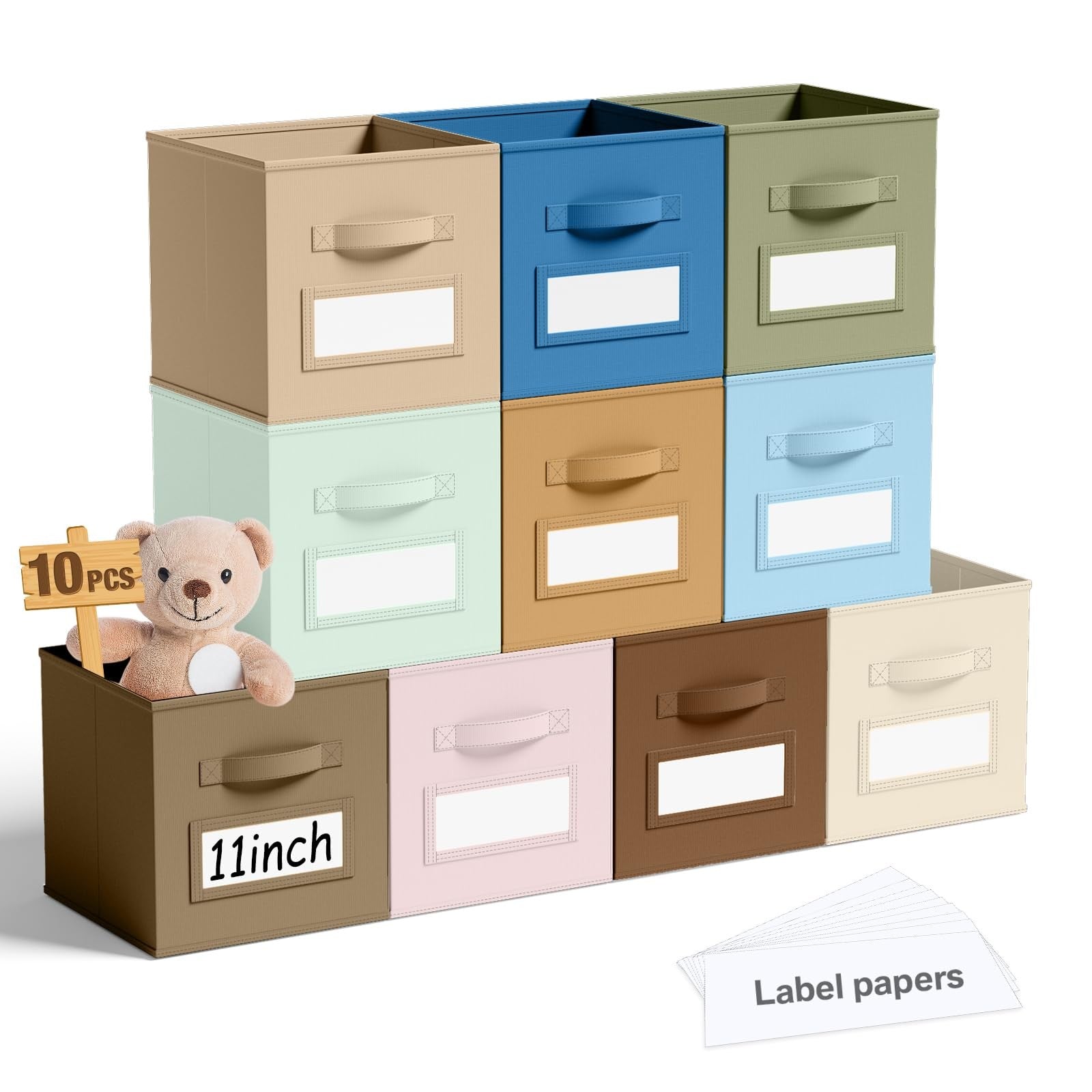 Teenyyou 10-pack fabric storage cubes with labels, 11-inch collapsible fabric bins for organizing and storage.