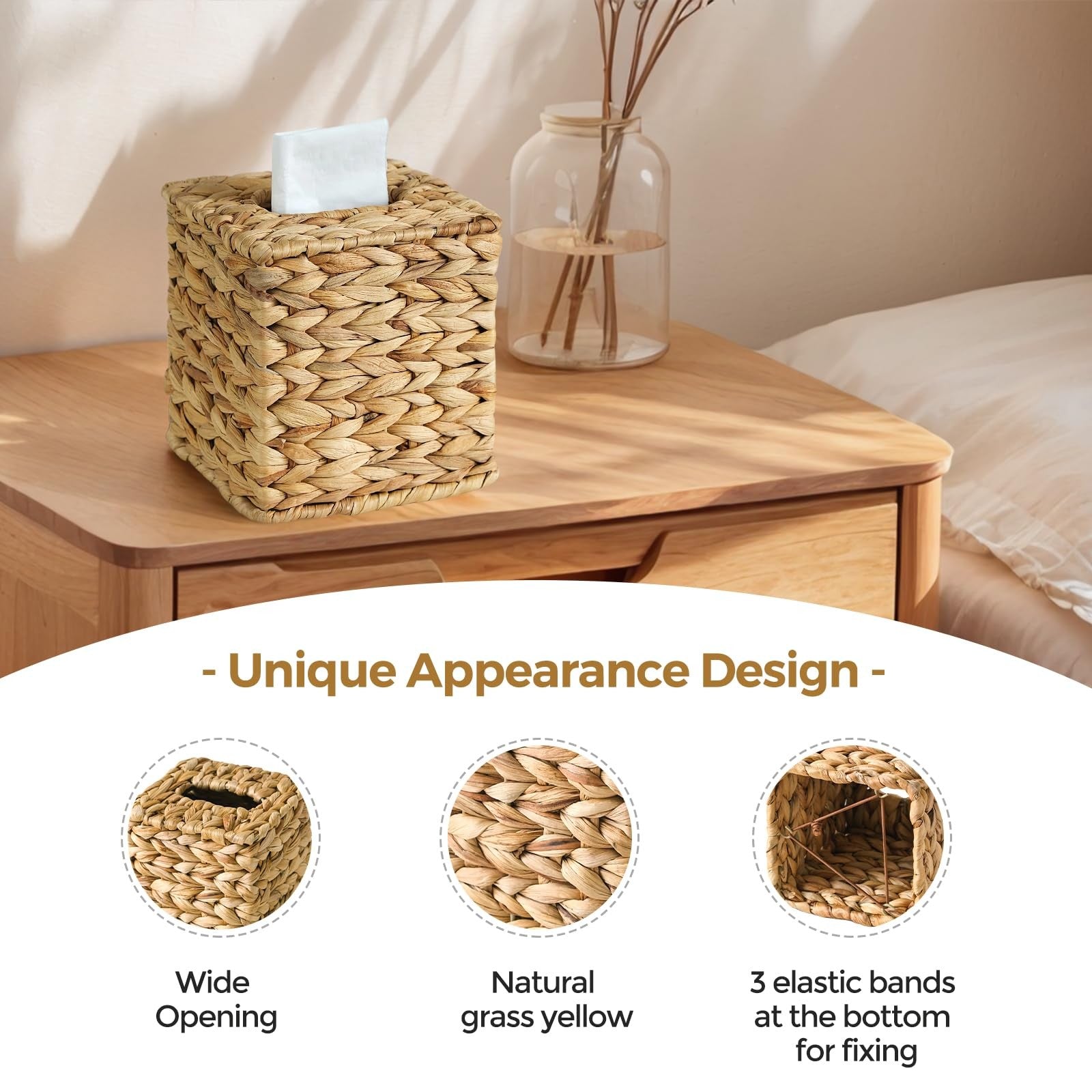 KALEKAIL 4-pack wicker tissue box covers, square rattan tissue box holders with boho design, ideal for home decor.