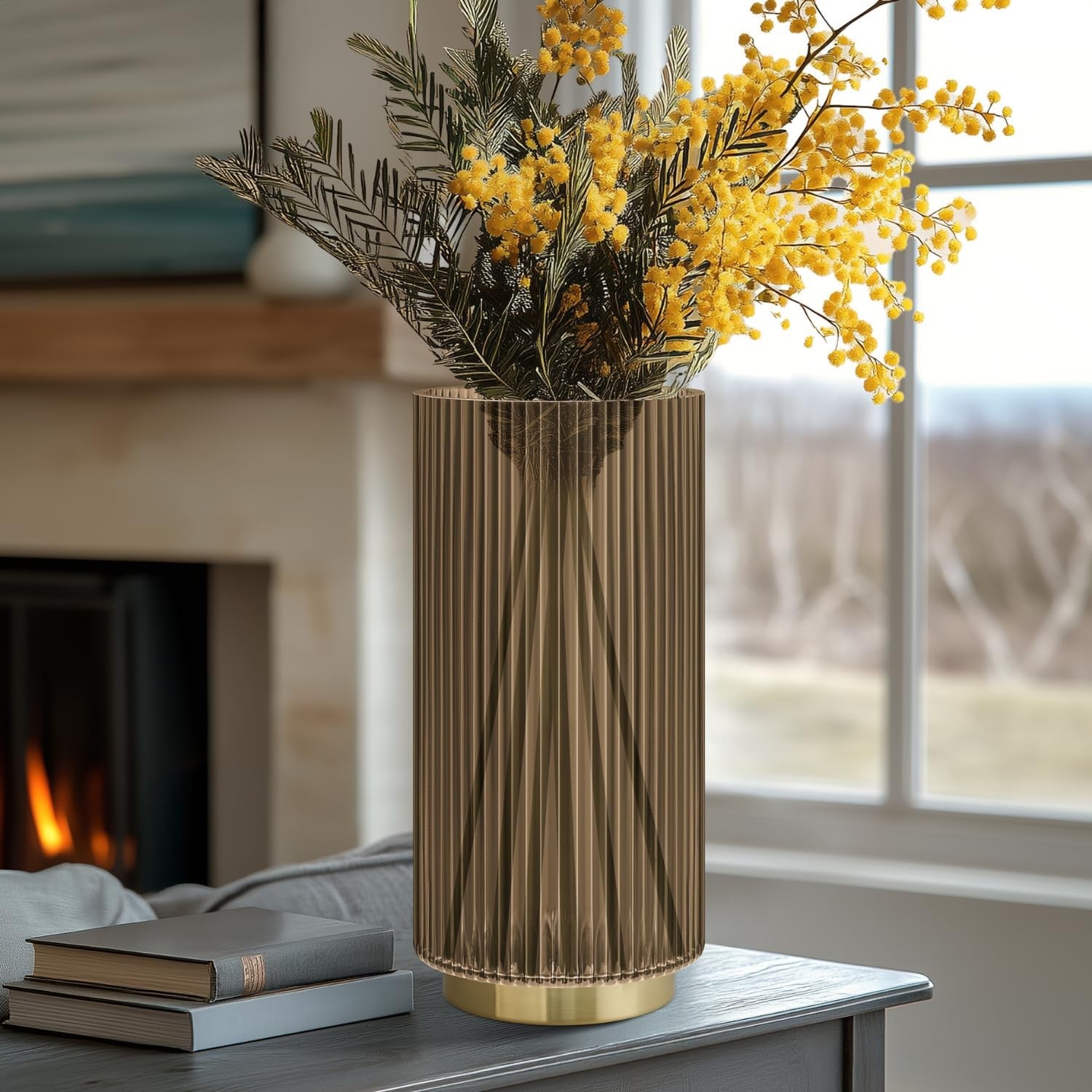 Brown glass vase with ribbed design by Torre & Tagus, ideal for floral arrangements or as a decorative hurricane.