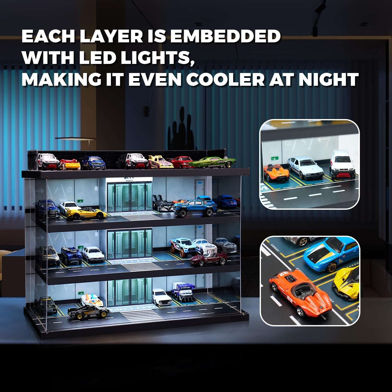 GALUMO display case for Hot Wheels and Matchbox cars, 1/64 scale with LED light showcasing toy cars in a clear acrylic enclosure.