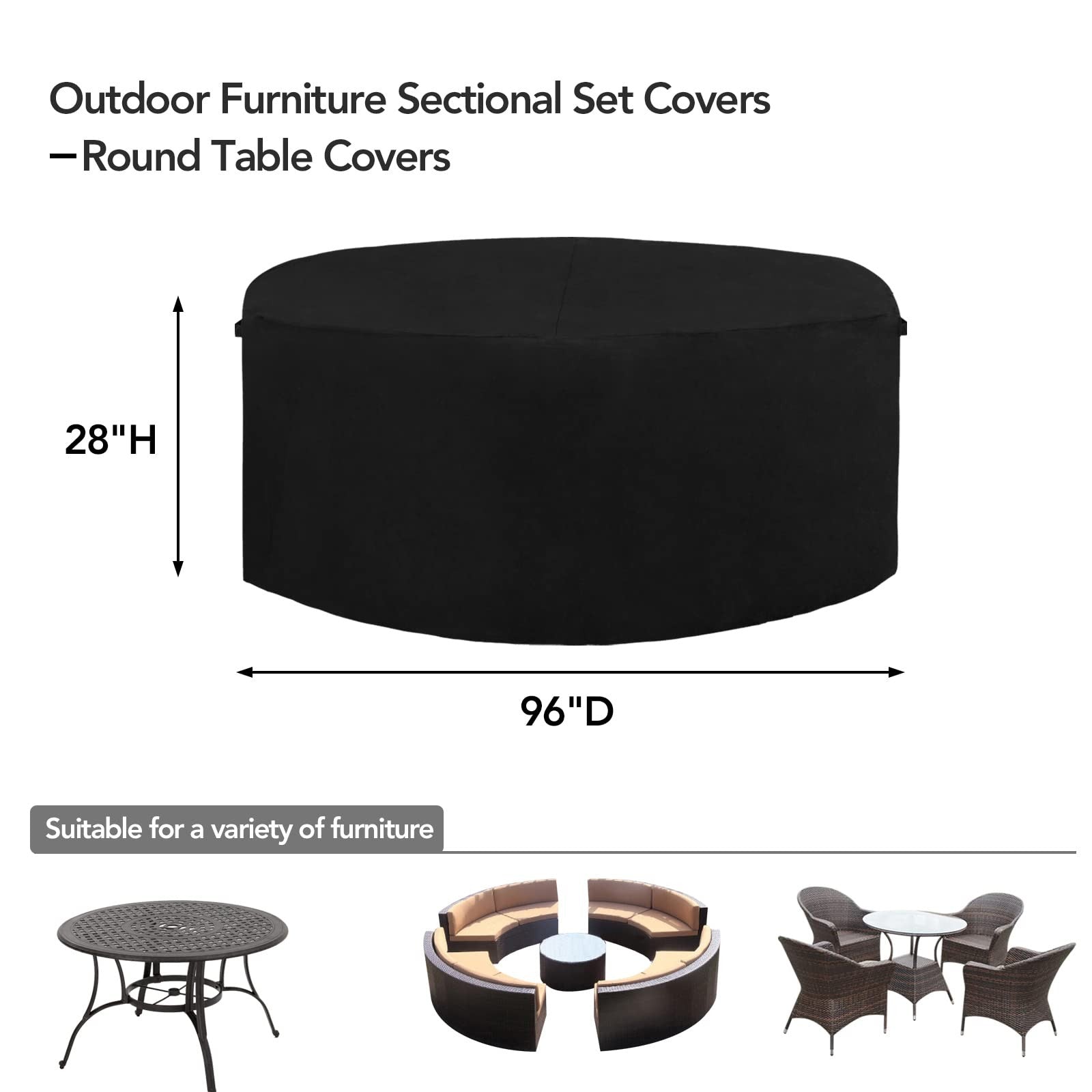Easy-Going heavy-duty 600D round patio furniture cover showing outdoor table and chairs protection for all-weather outdoor use.