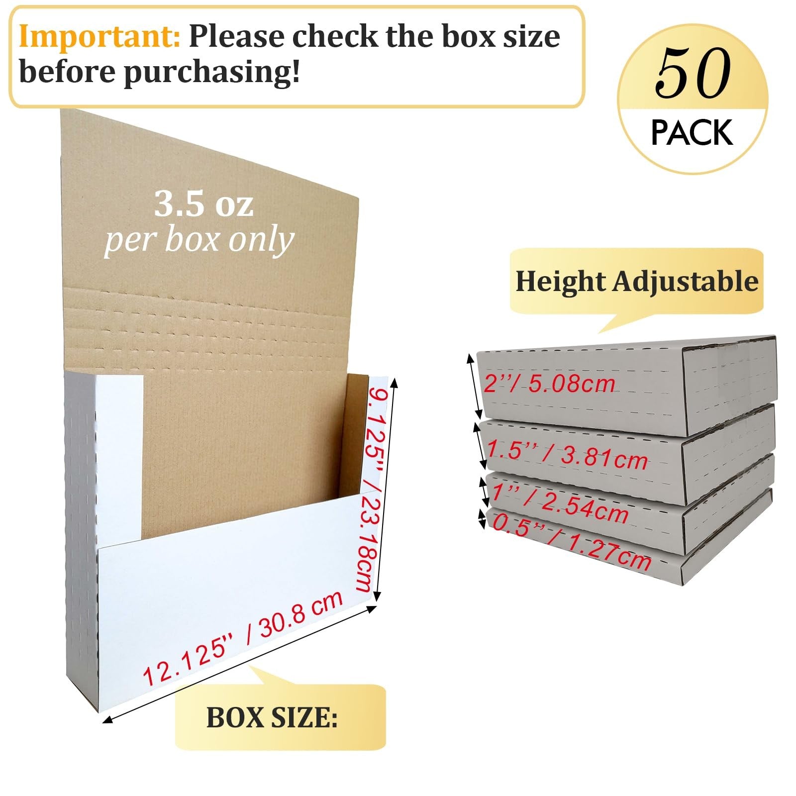 SZYANGDA 50-pack white corrugated book mailers, adjustable shipping envelopes, 12-1/8x9-1/8x2 inches, for secure book shipping