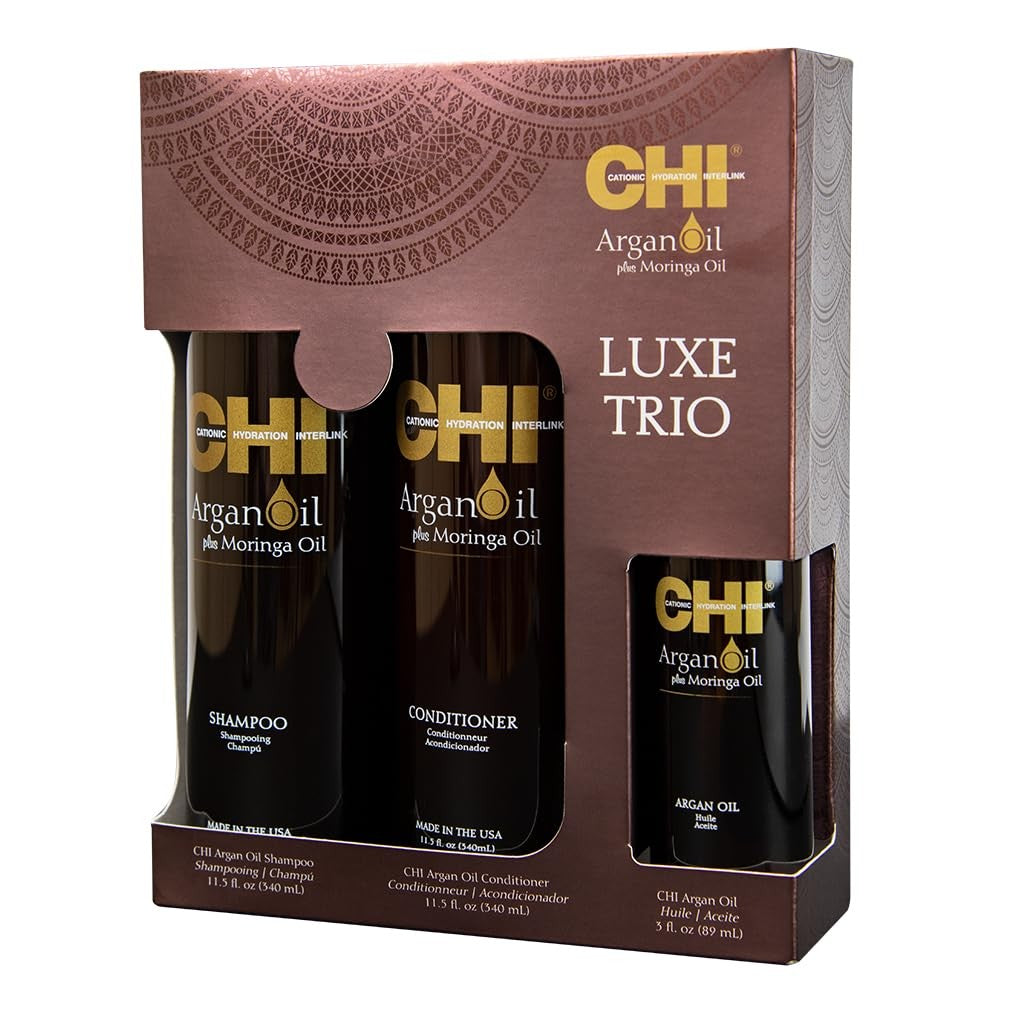 CHI Argan Oil plus Moringa Oil Luxe Trio Kit featuring shampoo, conditioner, and Morin for nourishing hair care products.