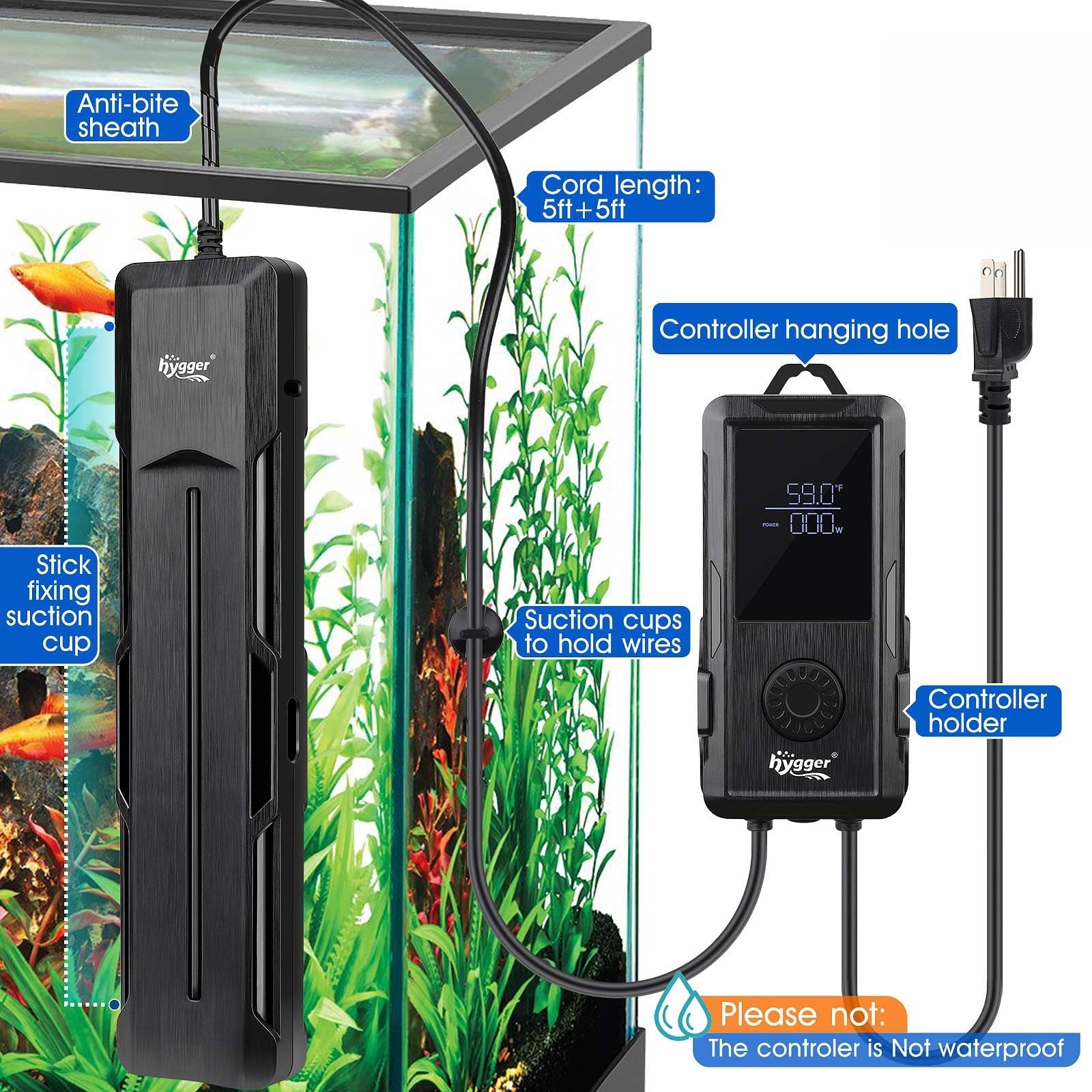 hygger aquarium heater with digital display, 500W, 800W, or 1000W power options, featuring safety auto shut-off for fish tanks