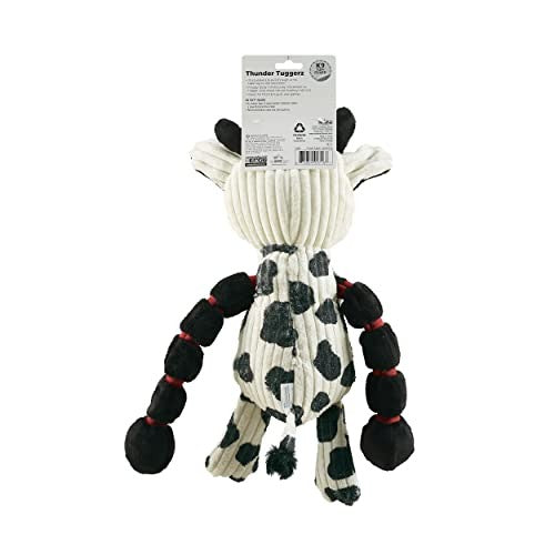 Outward Hound Charming Pet Thunda Tugga Cow plush dog toy with squeaker, shown as a soft, colorful tug toy for dogs in a pack of two.