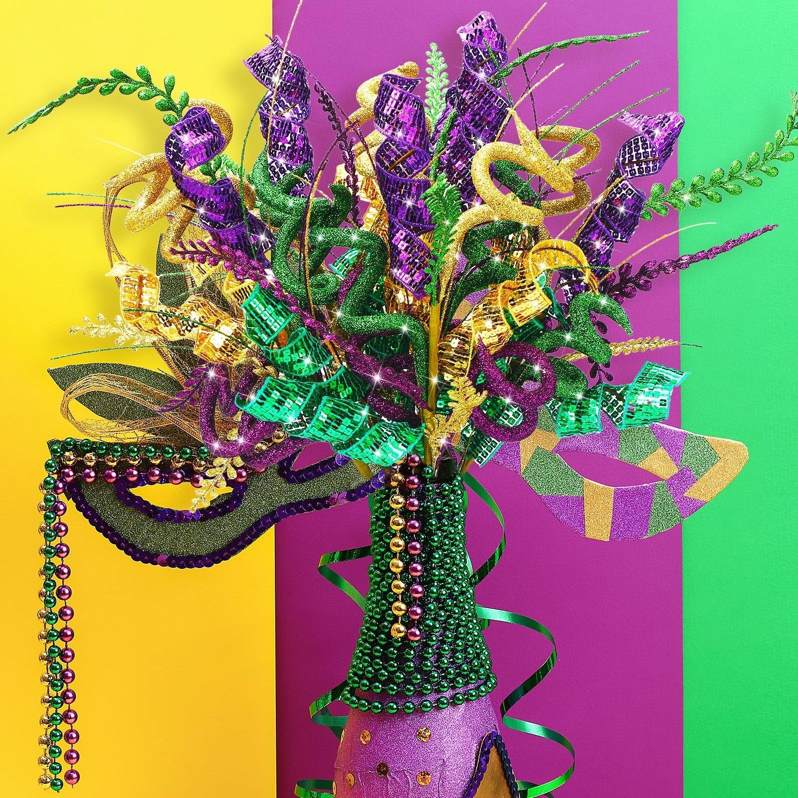 Zeyune 6-pack Mardi Gras decoration picks with purple and green accents, 17.7-inch table centerpiece picks for celebrations