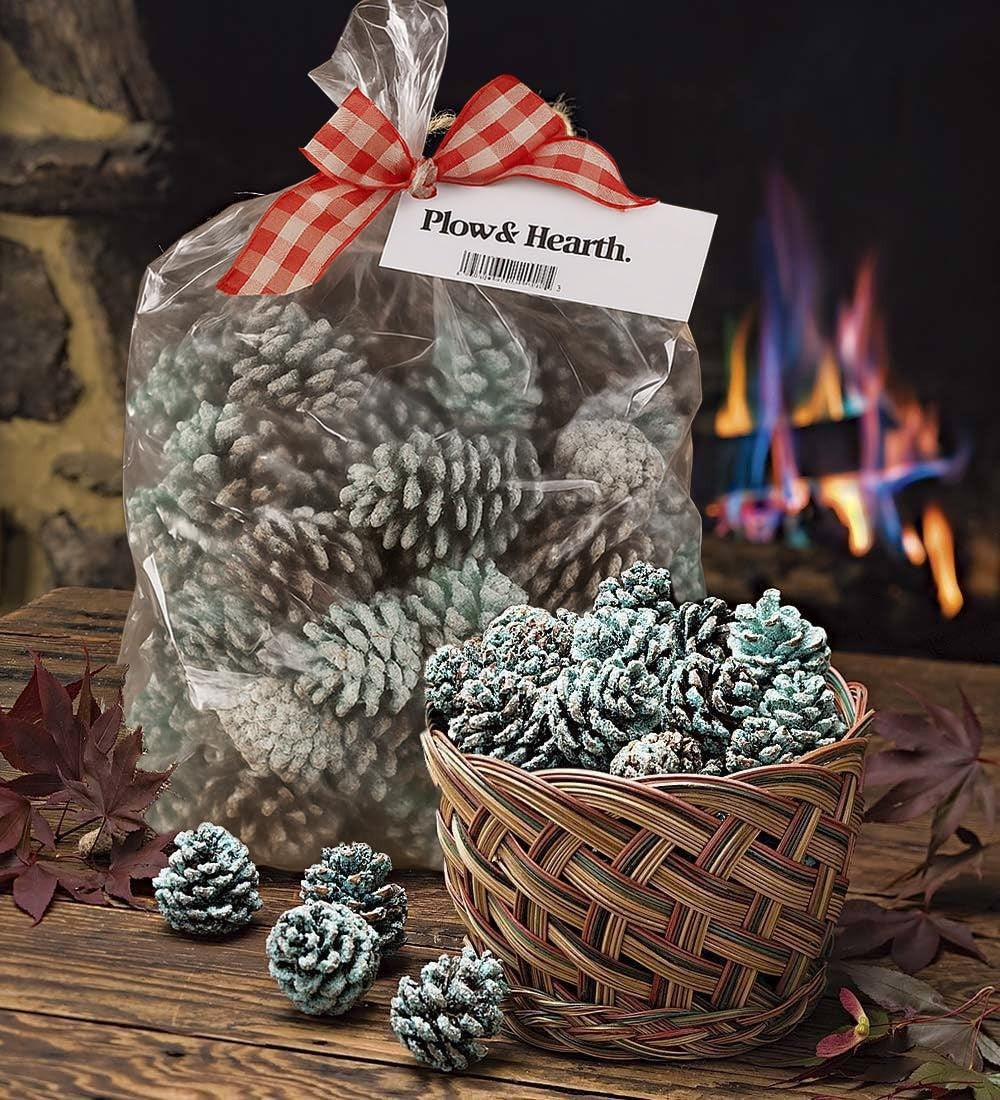 Colorful rainbow flame changing pine cones for fireplaces and firepits, adding festive fun and vibrant colors to outdoor fire features.