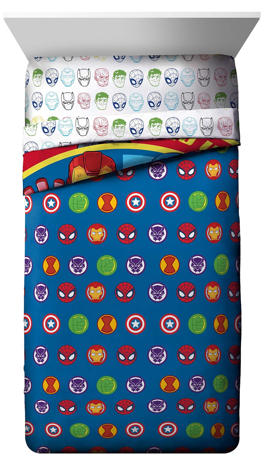 Jay Franco Marvel Super Hero Adventures toddler bed set with colorful superhero prints on comforter and pillowcases.