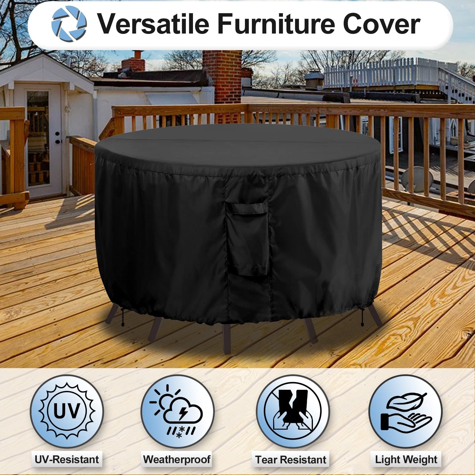 OutdoorLines waterproof patio table furniture cover for round outdoor couch, protecting outdoor furniture from weather.