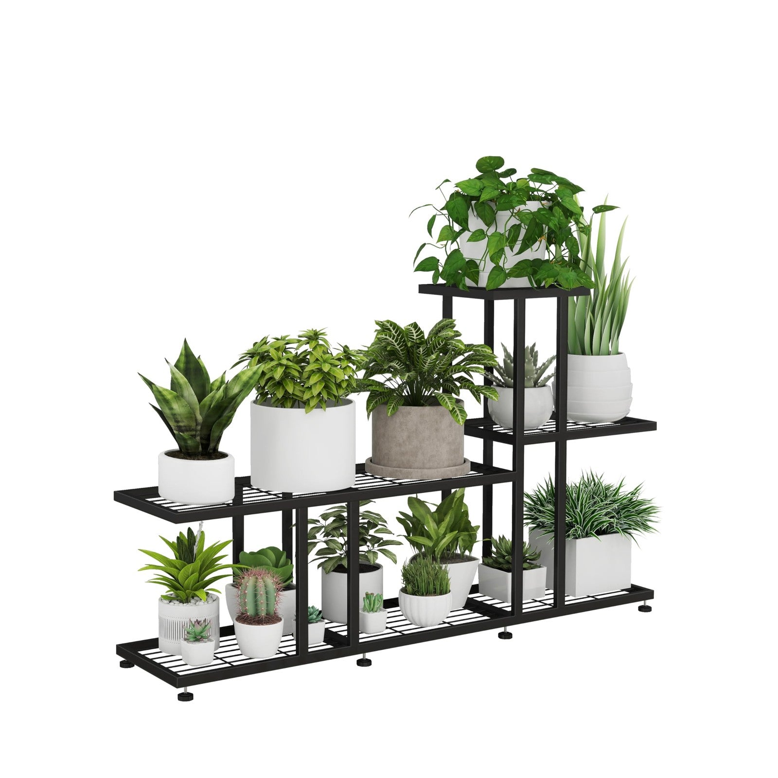 Black metal corner plant stand by HusDream, suitable for indoor and outdoor patios, designed to hold potted plants securely.