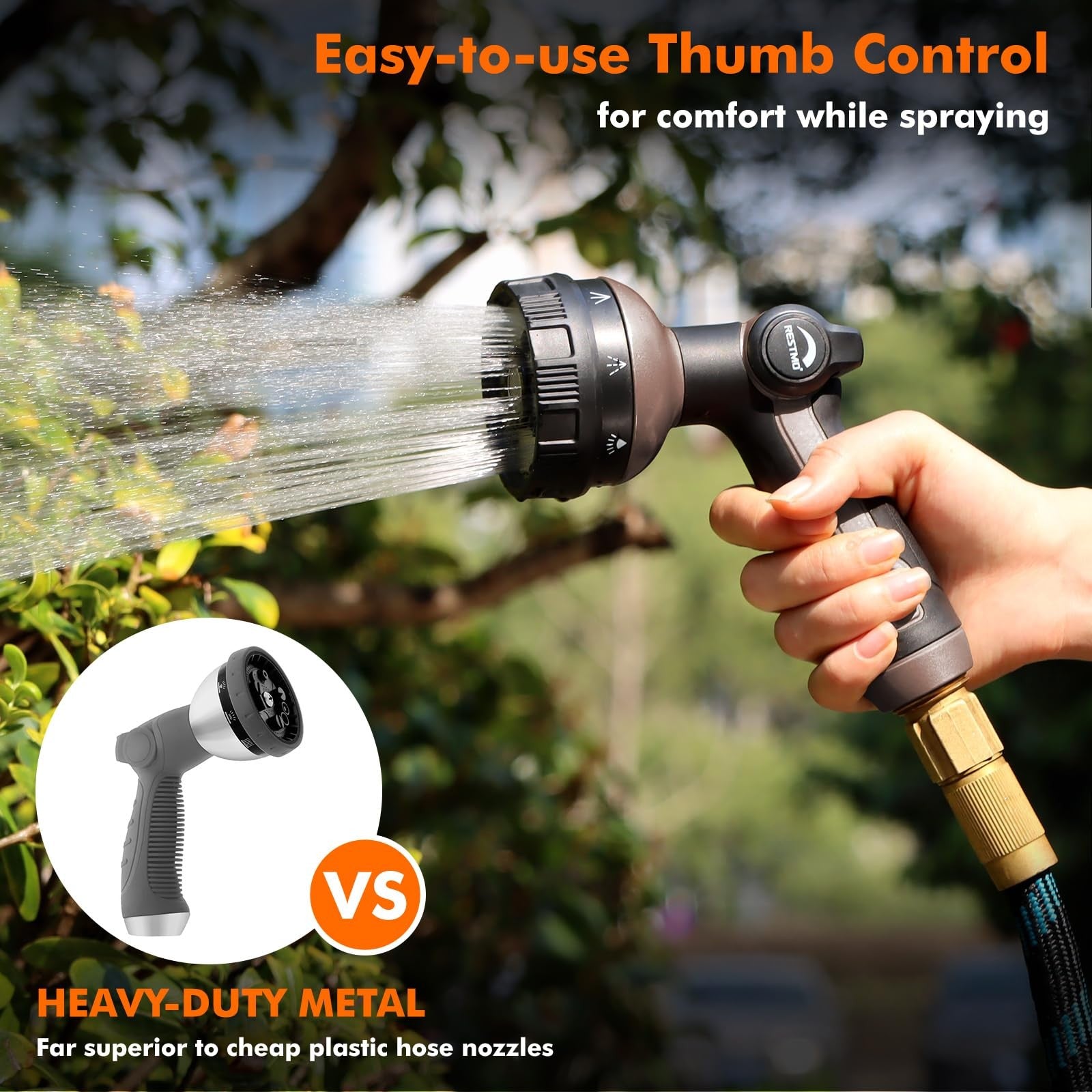 Restmo full shower hose nozzle with metal spray head, featuring 8 spray patterns for garden watering and cleaning tasks.