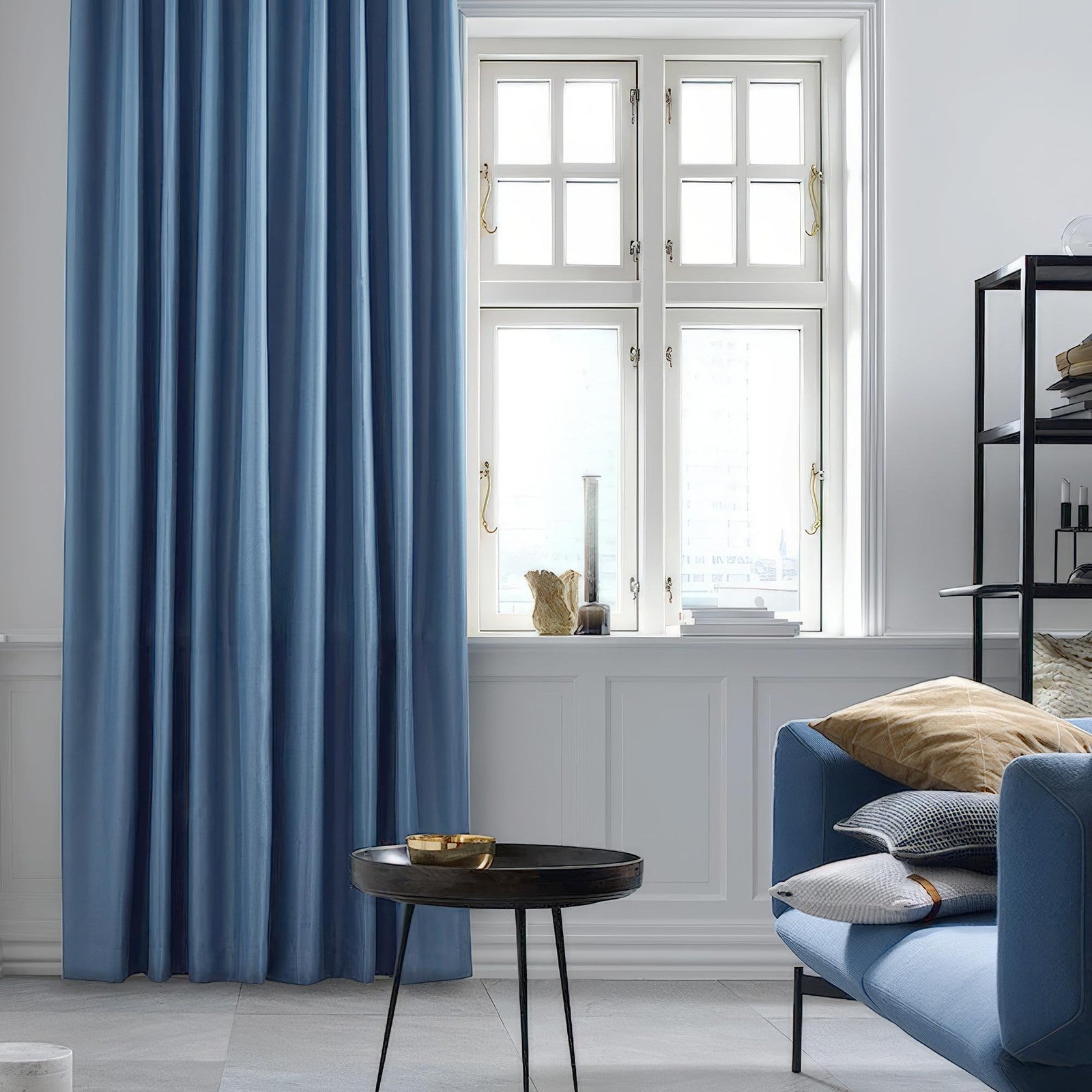 FMFUNCTEX Velvet Blackout Curtains in blue, thermal insulated for bedroom privacy and light blocking, size large.