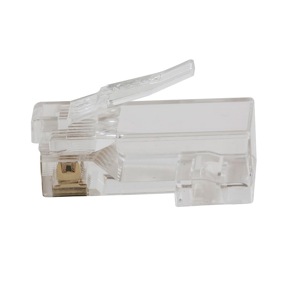 Klein Tools VDV826-702 Pass-Thru Modular Data Plug RJ45 CAT5E with gold connectors, showing close-up of the connector details