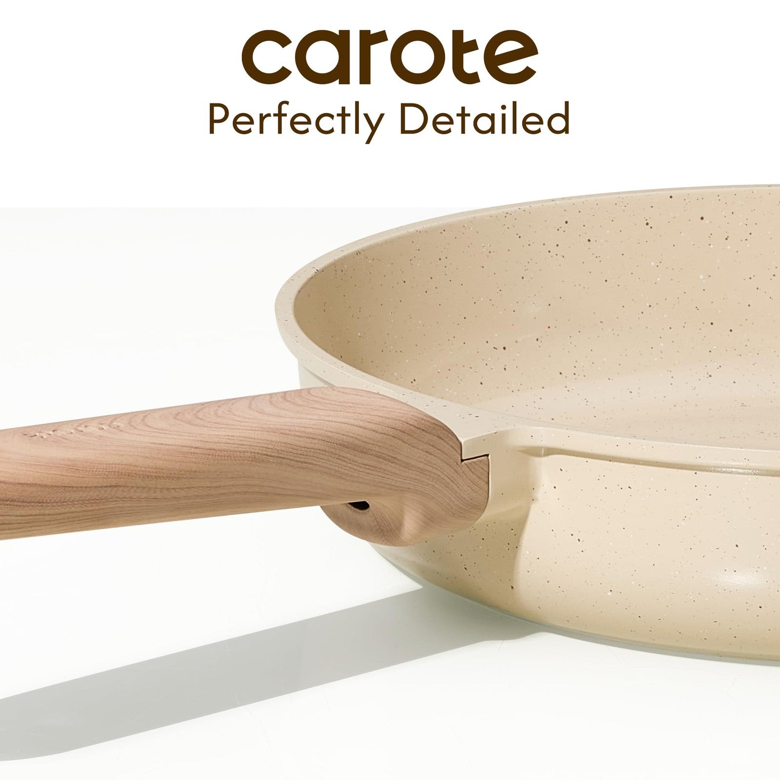 Carote 10-inch non-toxic frying pan set with PTFE and PFOA-free coating, featuring a skillet and omelet pan on a kitchen counter.