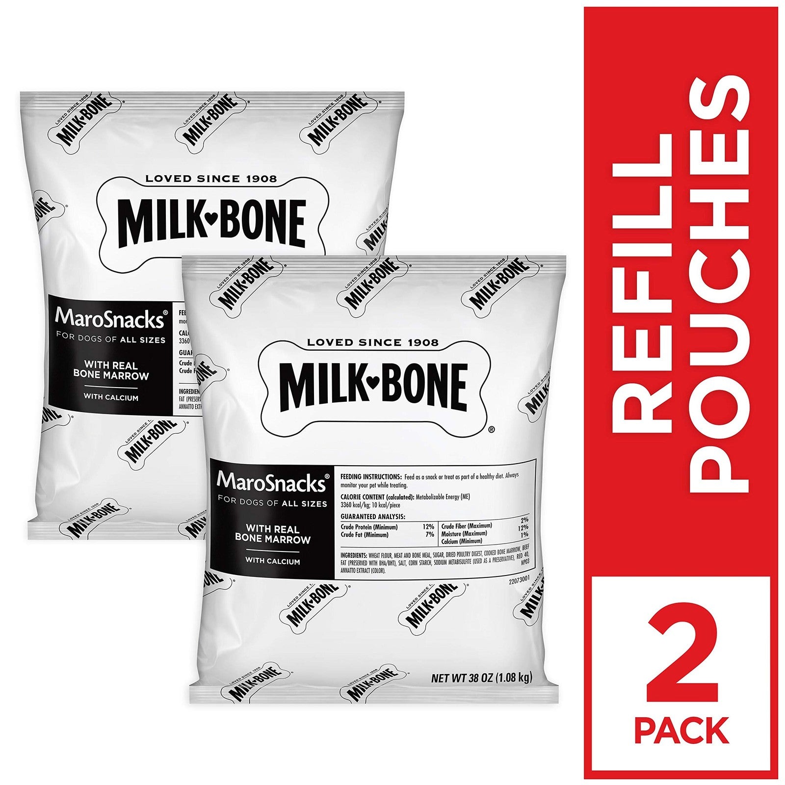 Milk-Bone MaroSnacks dog treats bundle showing a 40-ounce canister and two refill packs of crunchy dog treats