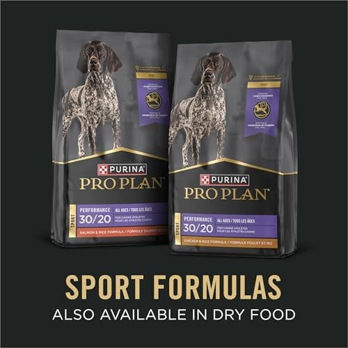 Purina Pro Plan Sport wet dog food cans with salmon and cod, 13oz each, high-protein formula in a 12-pack.