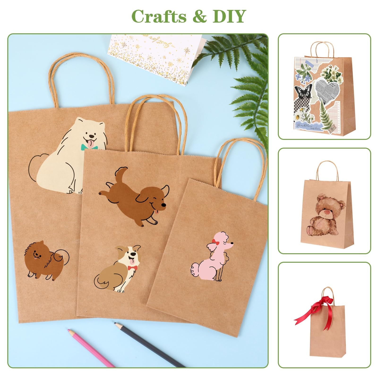 OUTUXED 150-pack brown paper gift bags with handles in assorted sizes, made of kraft paper, suitable for gift wrapping and shopping.