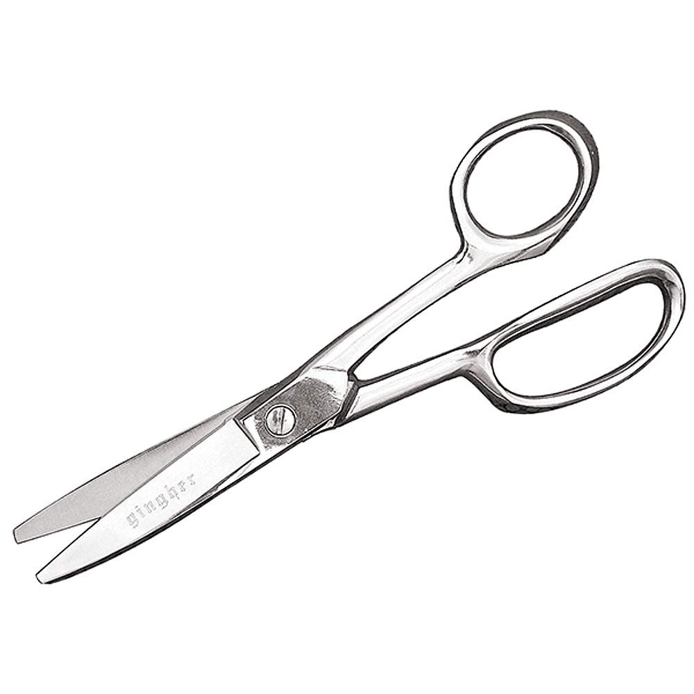 Fiskars Gingher 8-inch stainless steel blunt-tip utility fabric scissors with sheath for precise cutting and fabric sewing.