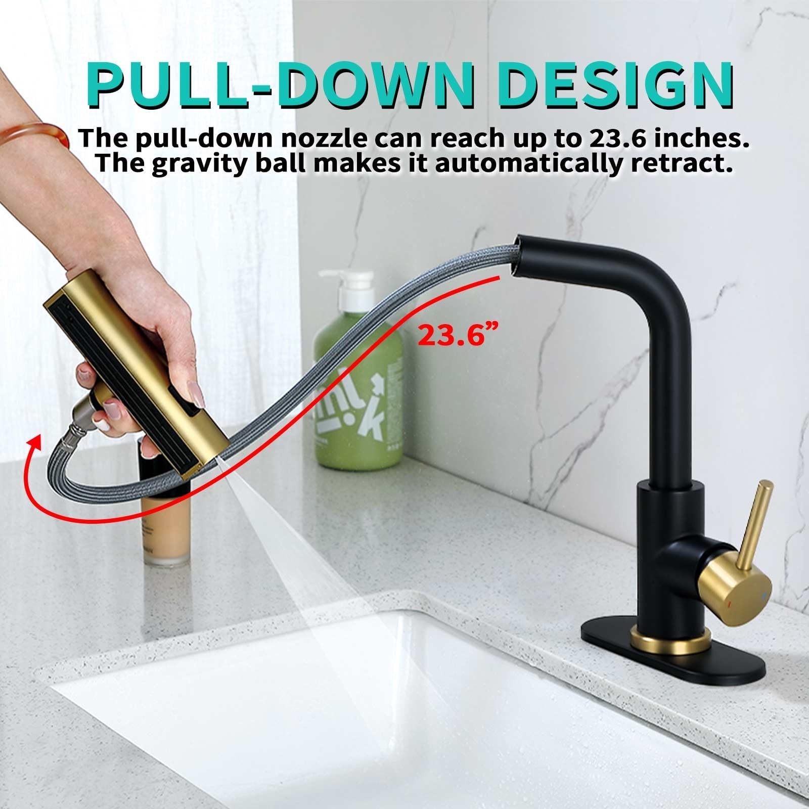 BARROCK Waterfall bathroom faucet with 3-mode pull-out sprayer and rotary switch, showcasing sleek chrome finish and modern design.