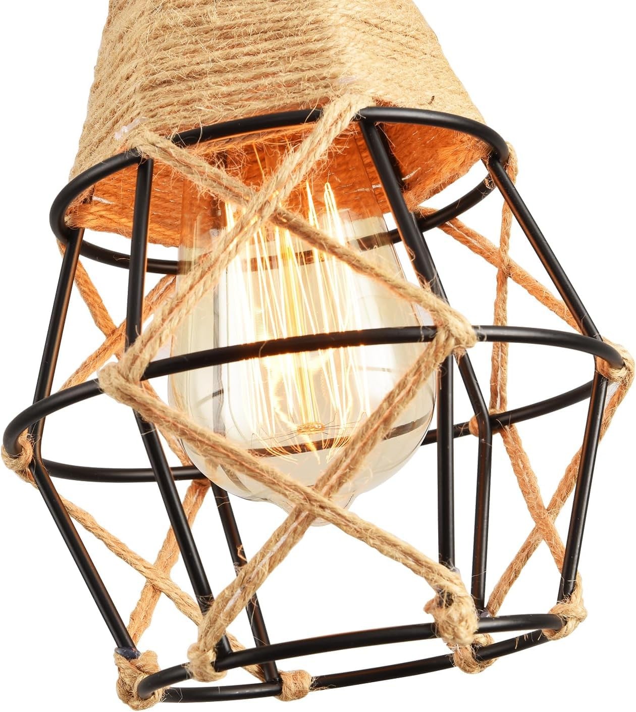 Industrial hanging light with plug-in cord and hemp rope, featuring on/off switch, designed for farmhouse or rustic decor by CAFULAM.
