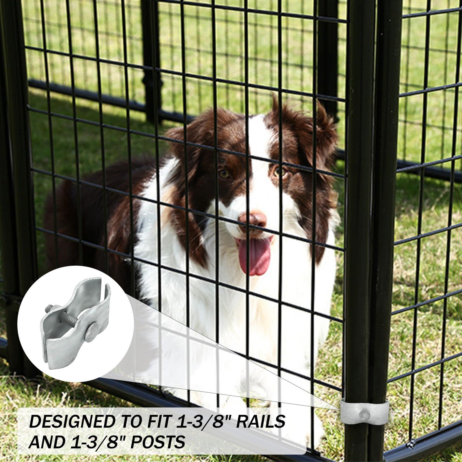Set of 18 galvanized chain link fence clamps for dog kennel panels, featuring 1-3/8 inch size and durable metal construction.
