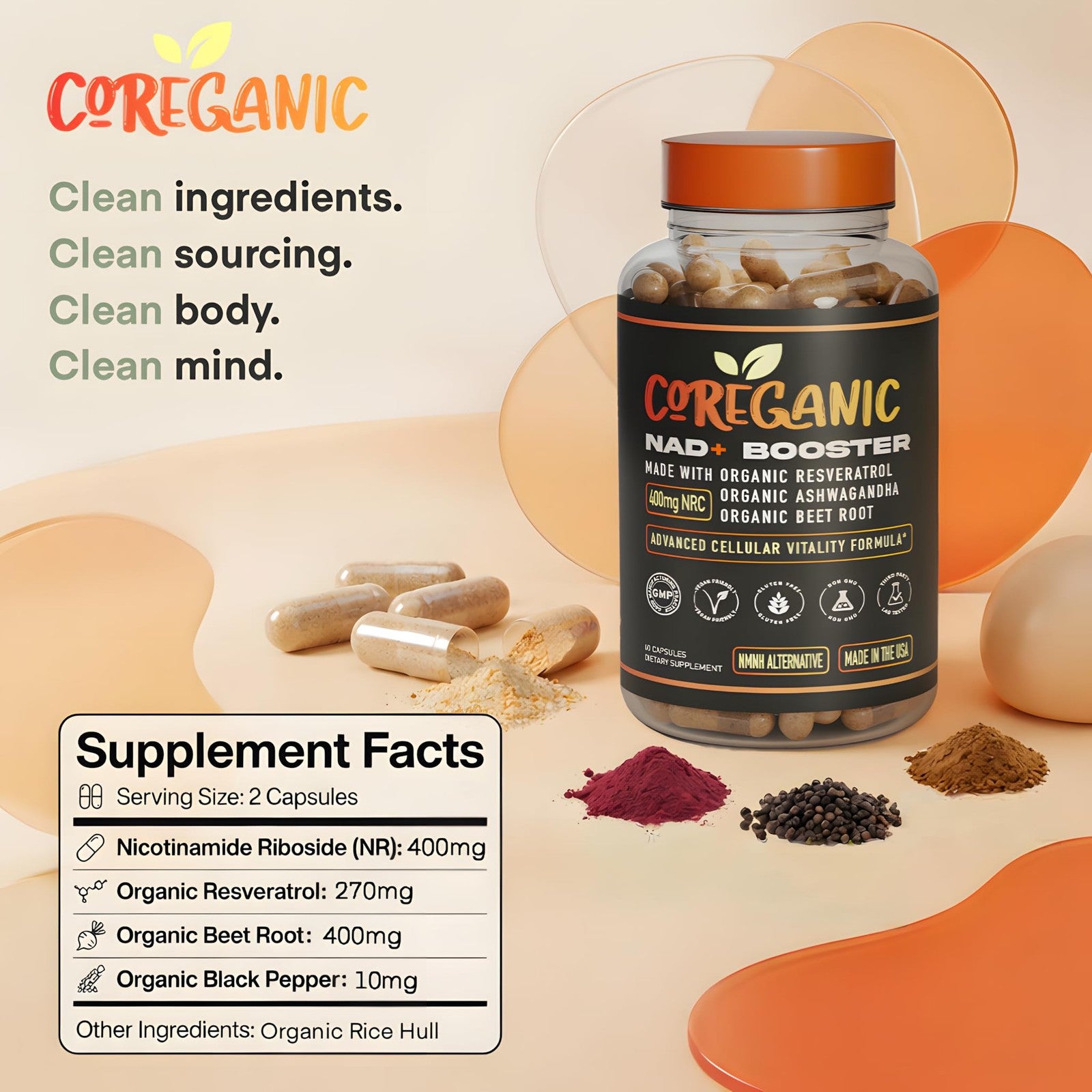 Organic Coreganic Clean Nad Support supplement bottle with label showing 400mg Nicotinamide Riboside and Resveratrol capsules.