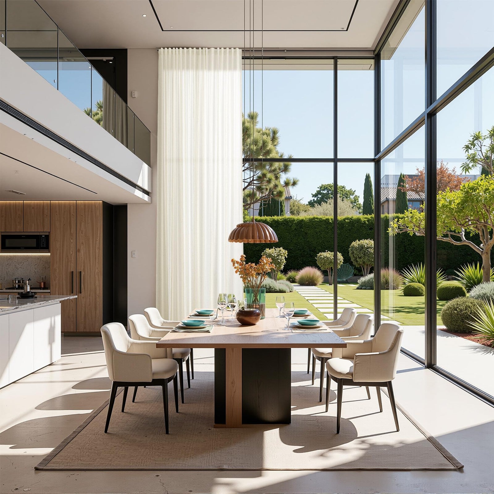 Nanspring natural extra long linen curtains in 132-inch length hanging in a living room window with sunlight streaming through.