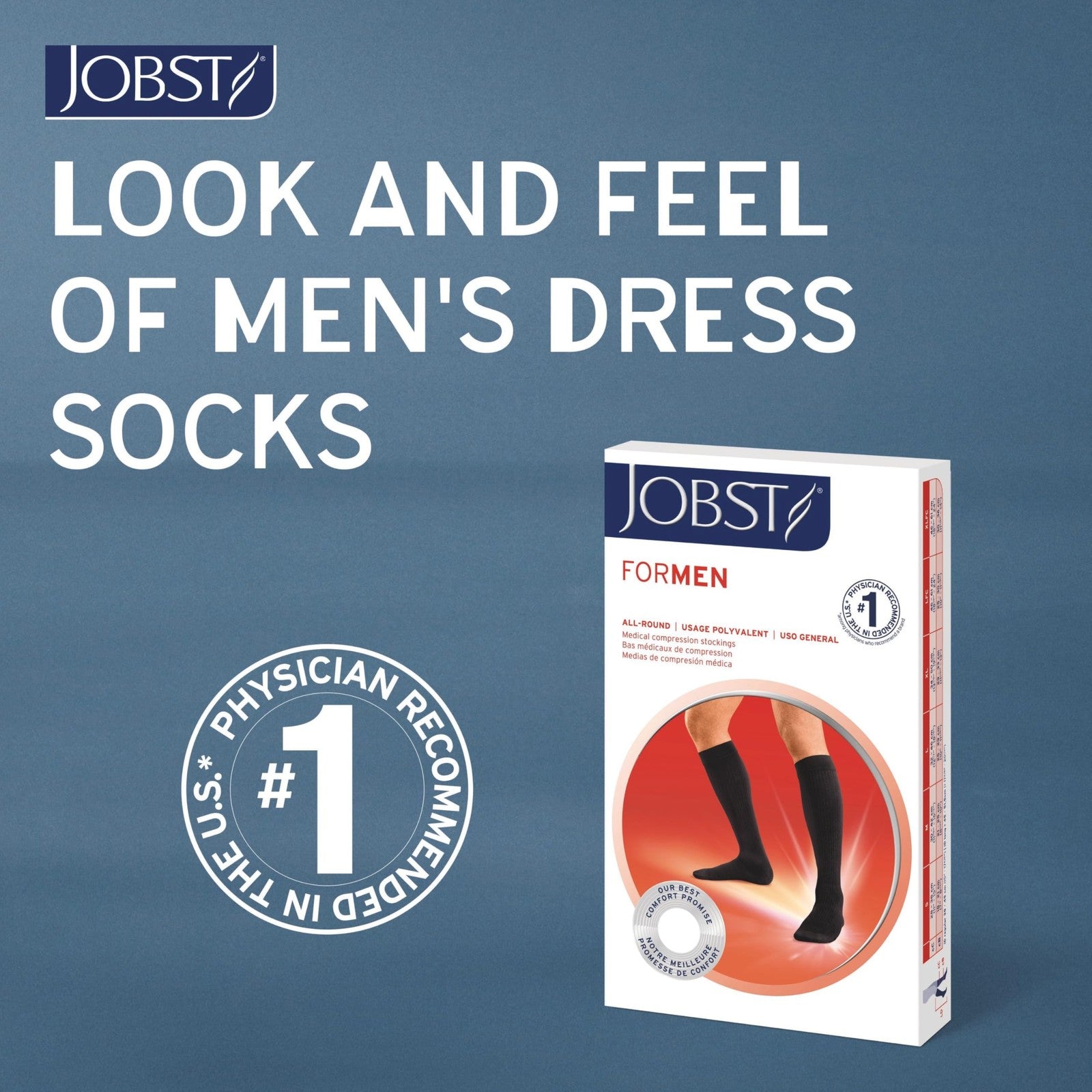 JOBST forMen compression knee-high socks with SoftFit band, 15-20 mmHg, closed toe, designed for improved leg comfort and support.
