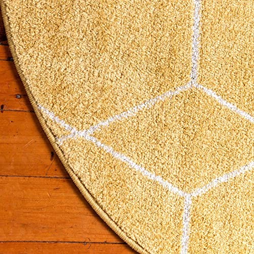 Unique Loom Trellis Frieze area rug with geometric round yellow pattern, showcasing vibrant design and soft textured surface.