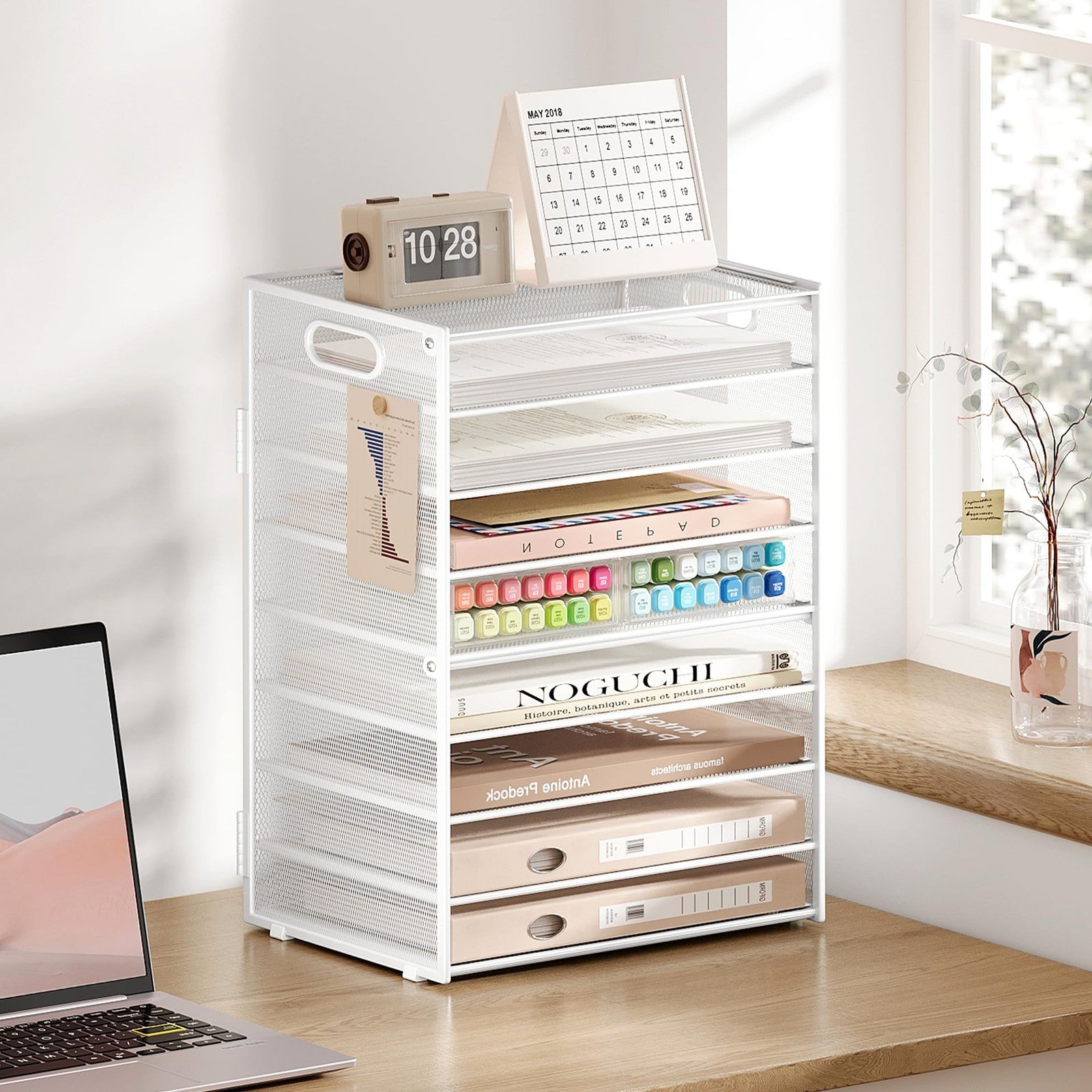 White metal mesh SUBEKYU 9-tier paper letter tray desk organizer with handles, designed for organizing documents and papers.