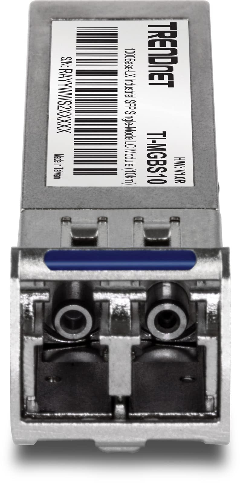 TRENDnet industrial SFP to RJ45 LC module for single-mode fiber, 10km distance, compatible with 1000Base-T networks.