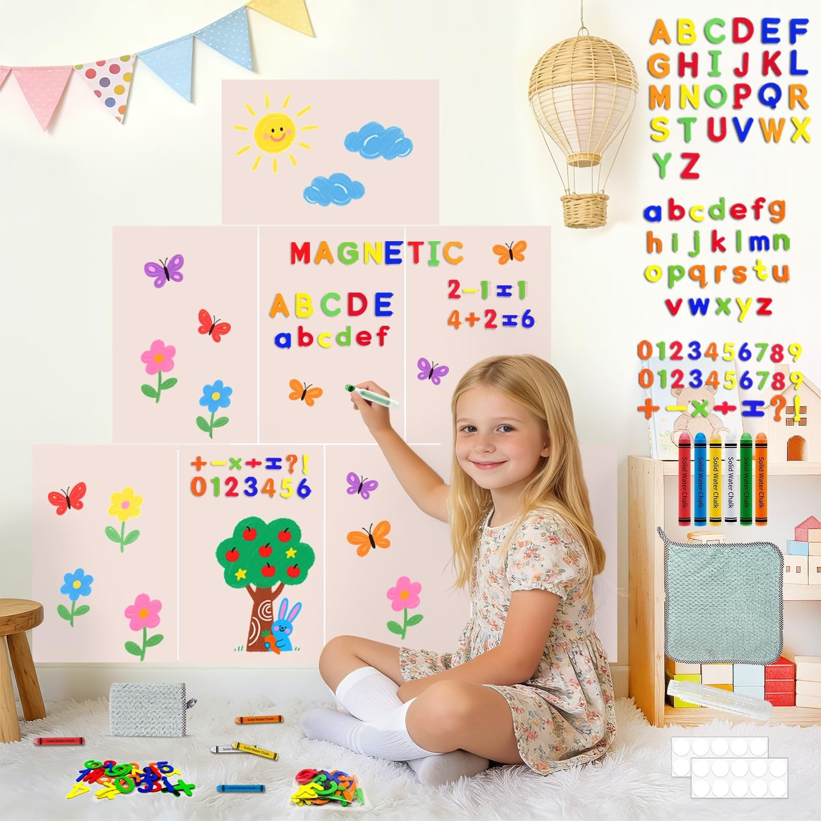 Easma 8-piece magnetic wall decals for kids, peel and stick chalkboard magnets for decorating and learning.