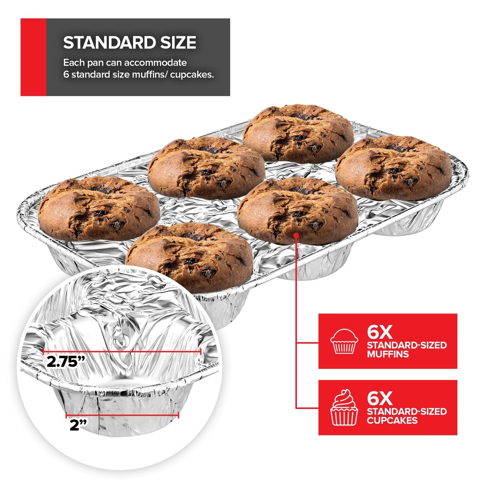 Stock Your Home 40-pack disposable foil muffin tins with 6-cup capacity, standard size for baking muffins and cupcakes.