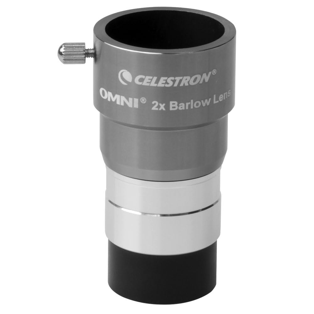Celestron Omni Barlow Lens 2x for 1.25-inch telescopes, silver color, showing the lens and barrel design.