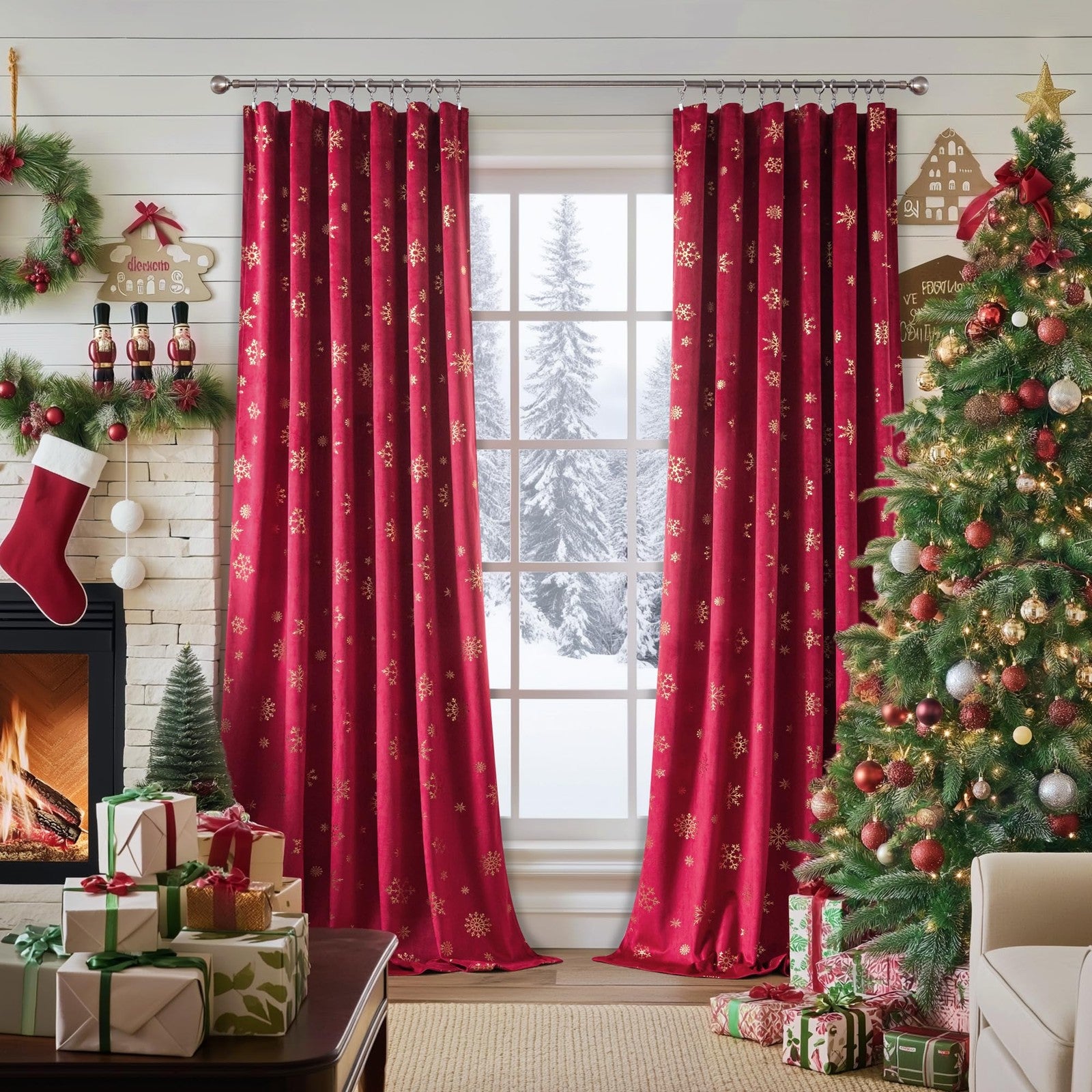 FMFUNCTEX red Christmas velvet blackout curtains for bedroom, thermal insulated for light blocking and privacy