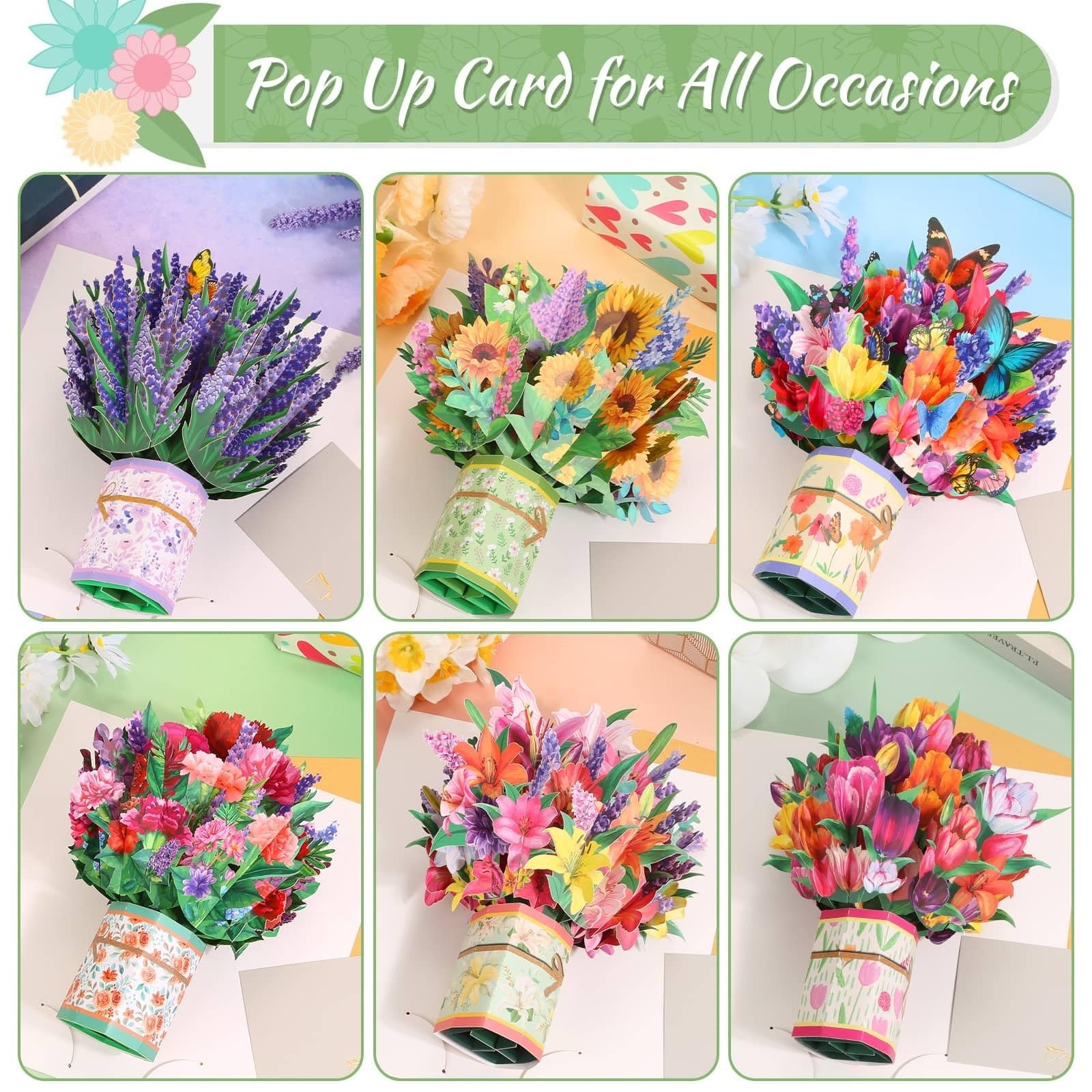 Six Caffox paper flower pop-up cards featuring 3D flower bouquets, perfect for greeting or special occasions.