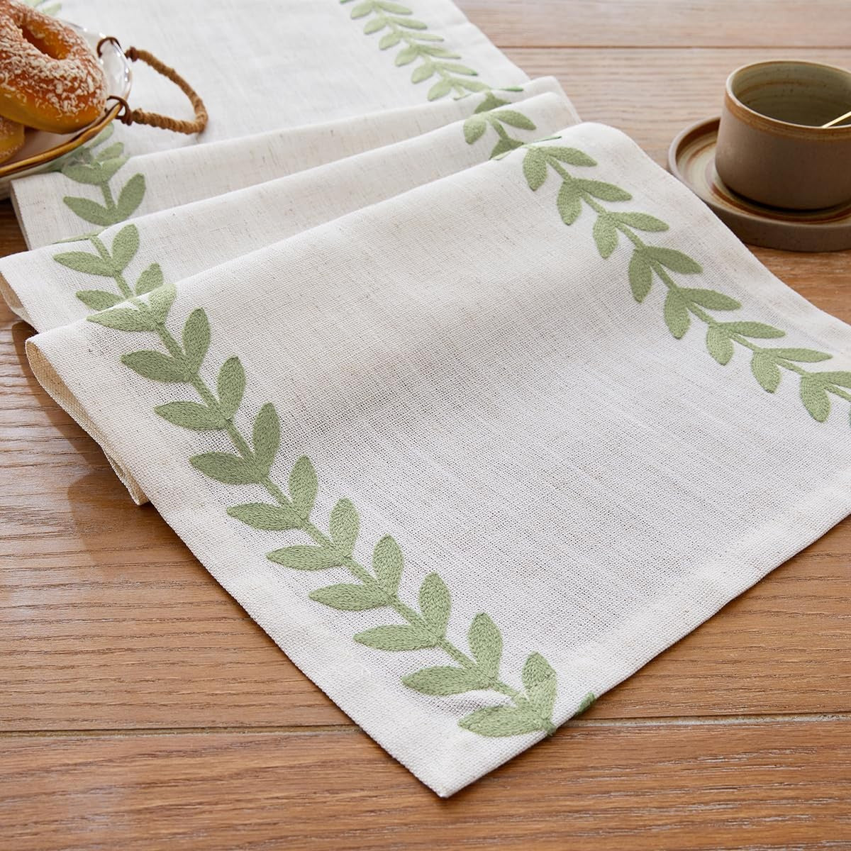 Aoztio rustic embroidered table runner with irregular willow leaf design, 13x108 inches, perfect for farmhouse or vintage dining decor.