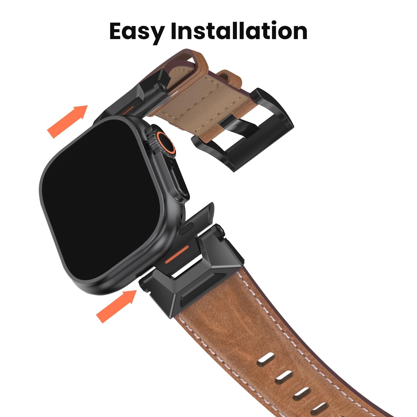 Bouixel genuine leather band for Apple Watch Ultra 3, 49mm and 46mm, showcasing the brown leather strap with stainless steel clasp.