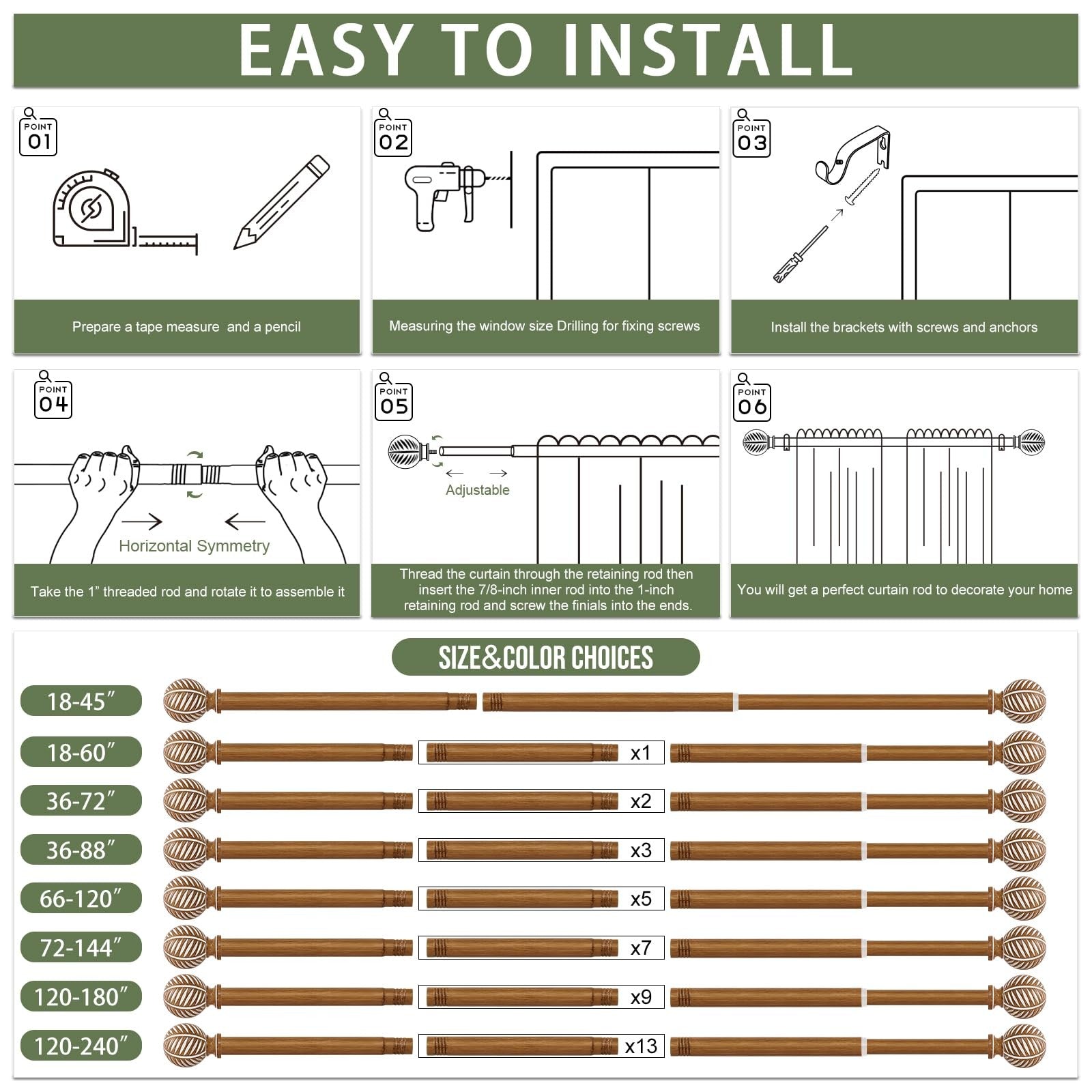 HTZON 2-pack wood curtain rods with decorative finials, adjustable 28-48 inches, suitable for boho-style window treatments.