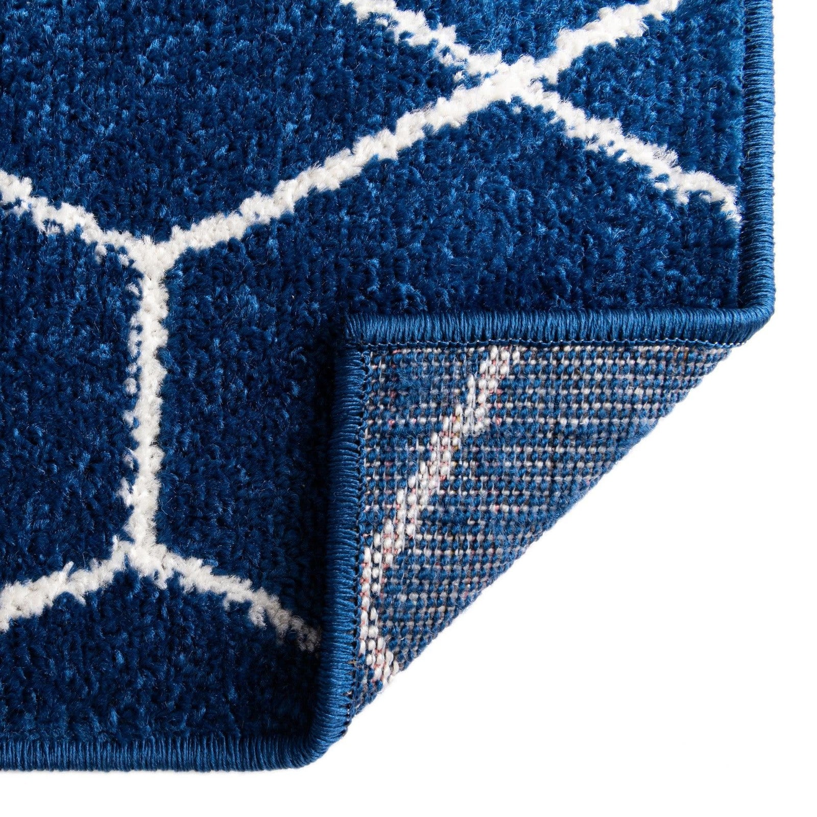 Navy geometric area rug from Unique Loom Trellis Frieze Collection, 2x10 runner with modern trellis pattern on textured fabric.