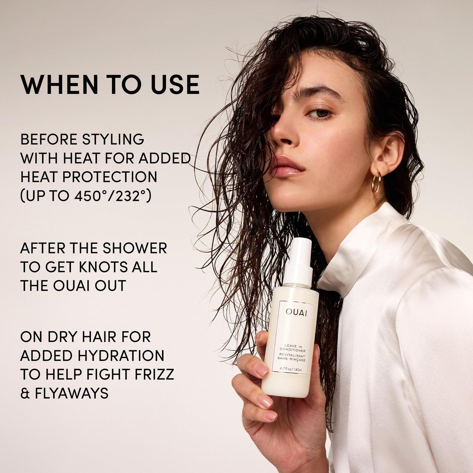 OUAI Leave-In Conditioner Heat Protectant Spray in 4.7oz, with frizz control, shine, and detangling features for healthy hair.