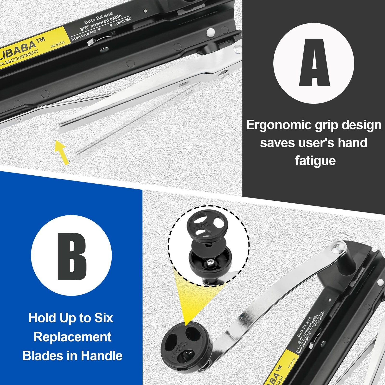 Blibaba Greenfield armored and BX cable cutter with easy assembly, suitable for 3/16" to 1-inch MC cables, shown in the image.